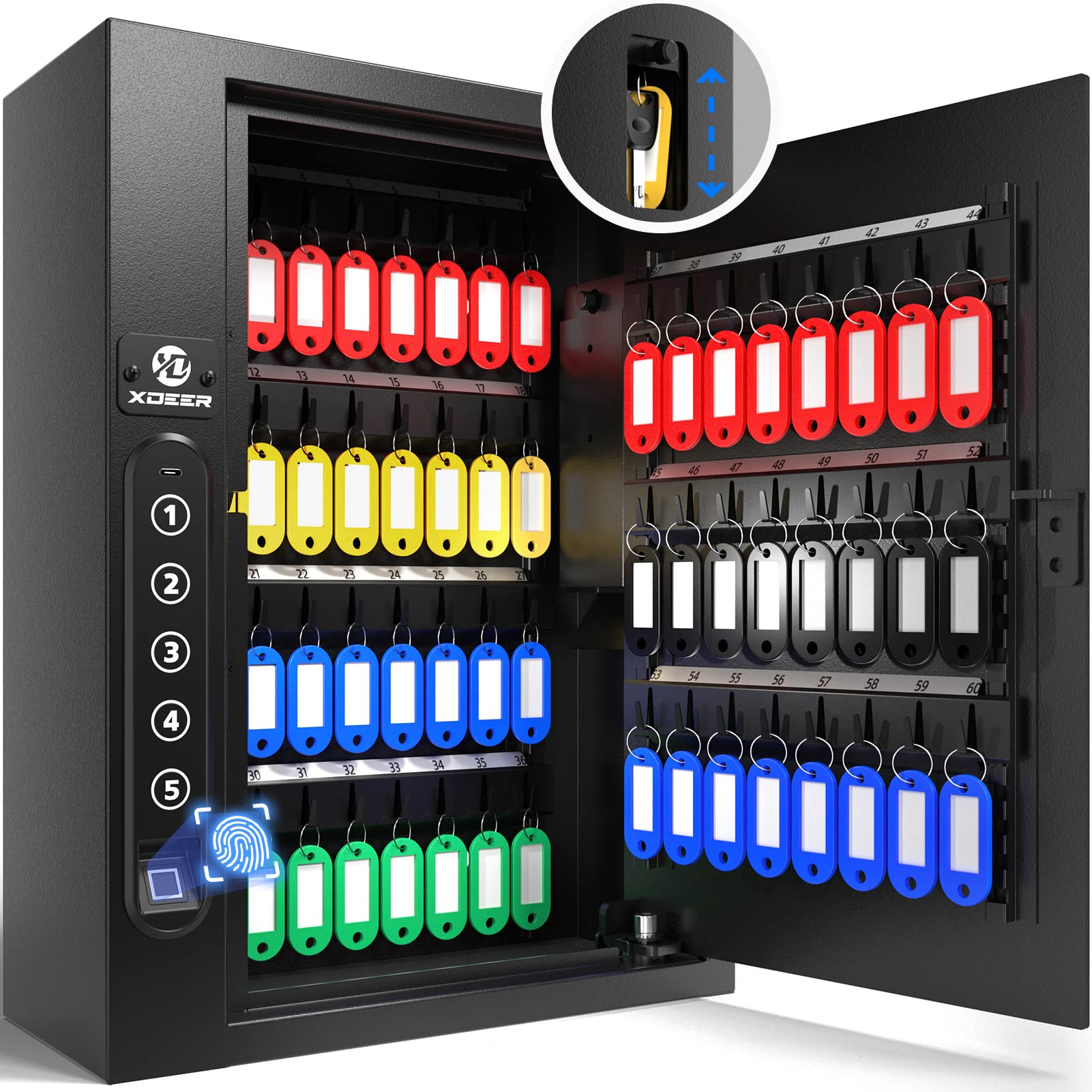 XDeer 60-Key Biometric Fingerprint Lock Box - Wall Mount Security Key Storage with Anti-Theft Key Slot & Digital Combo Lock - Ideal for Hotels, Offices, Schools and Home Key Management