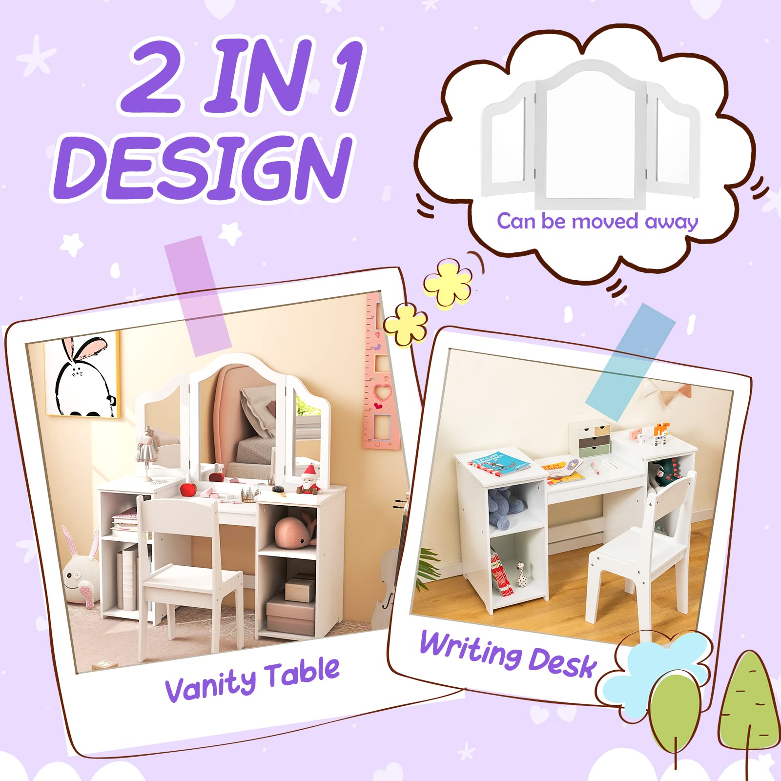 Costzon Kids Vanity Set with Mirror & Storage - White Princess Makeup Desk for Girls Playroom