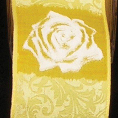Premium Yellow Brass & White Print Wired Craft Ribbon - 1.5 Inch x 54 Yards Bulk Roll for Gift Wrapping, Floral Arrangements, DIY Decorations and Party Supplies