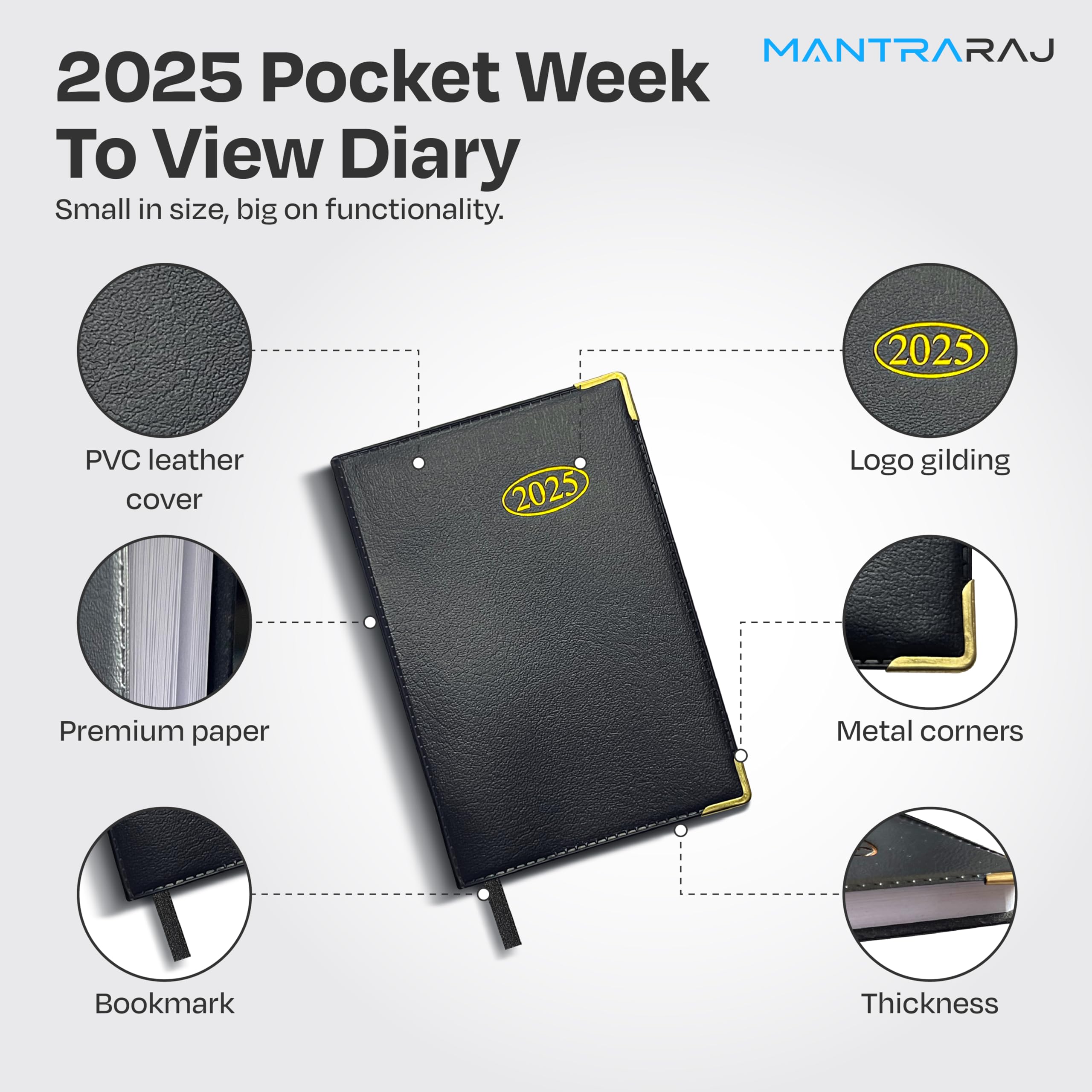 MantraRaj 2025 Weekly Planner - PVC Leather Effect Pocket Diary with Metal Corners, Hard Cover Case, Conversion Tables & Organizer Tools (12cm x 7cm) - Perfect for Business, School & Personal Scheduling