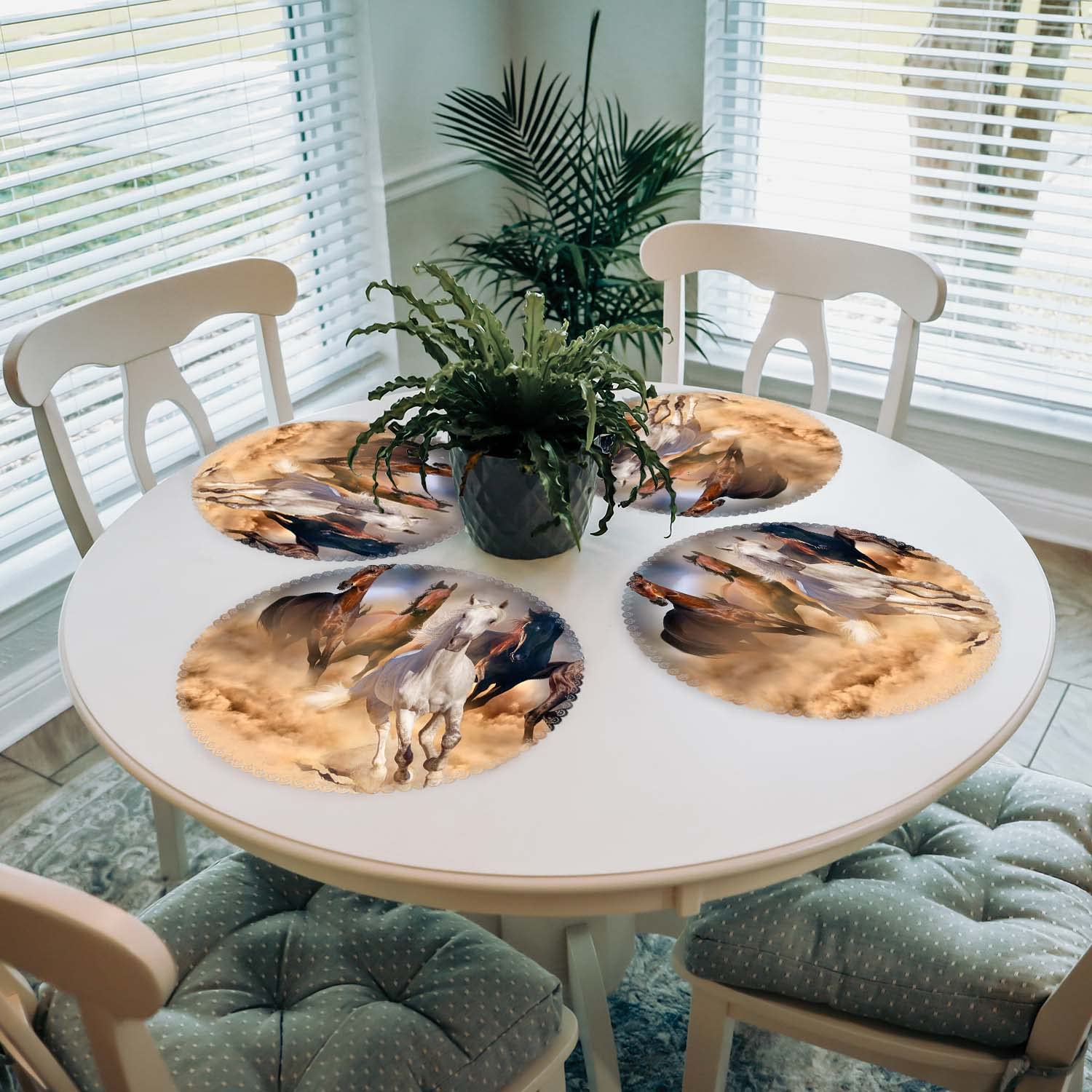 **Round Heat-Resistant Washable Polyester Placemats Set of 4 - Horses Running Design for Kitchen & Dining Table Decor | Perfect for Everyday Meals, Parties, and Holiday Gatherings**