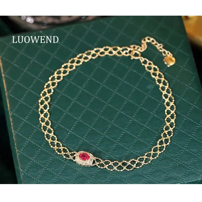 18K Yellow Gold Vintage Weave Bracelet with Natural Ruby & Diamond - Elegant Women's Jewelry for Birthday, Anniversary & Special Occasions