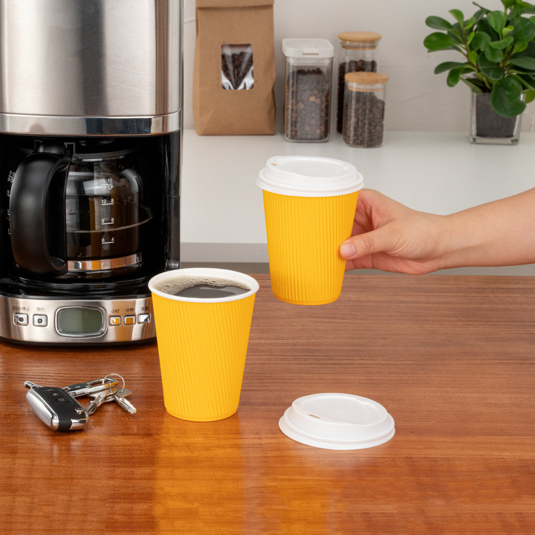 12 oz Yellow Ripple Wall Paper Coffee Cups with White Lids - 3.5