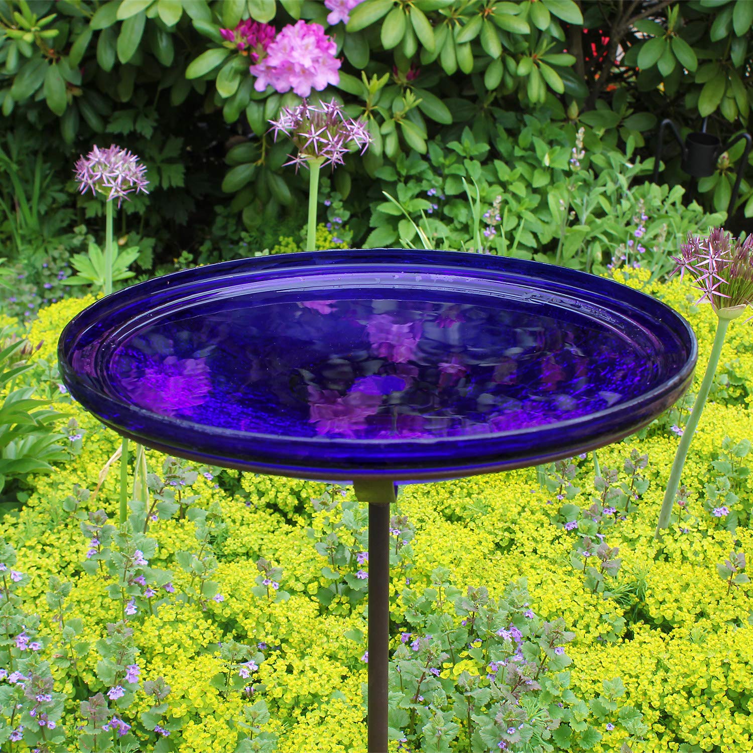 Achla Designs 14-inch Crackle Glass Birdbath Bowl with Stake - Cobalt Blue Outdoor Garden Decor for Birds and Wildlife