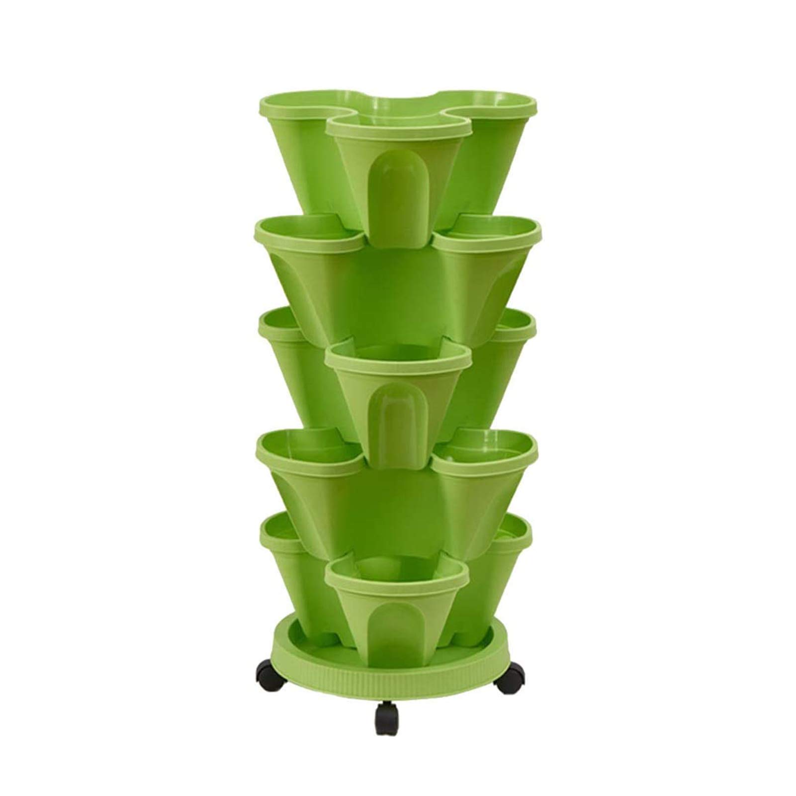 5 Tier Stackable Flower Pot with Universal Wheel Tray - Plastic Vertical Gardening Planter for Strawberries, Herbs & Flowers - Green Stackable Planters for Indoor/Outdoor Use - Space-Saving Solution for Balcony, Patio & Small Gardens