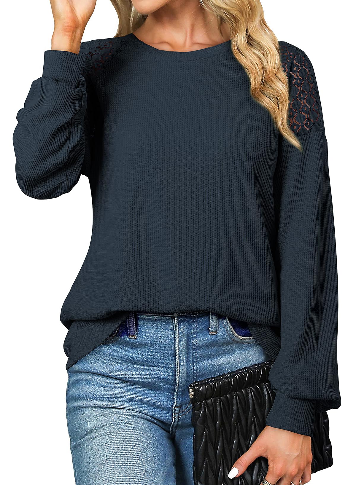 EVALESS Women's Long Sleeve T-Shirt - Crewneck Waffle Knit Top with Lace Patchwork Detail, Trendy Casual Blouse for Work, Date Night & Everyday Wear