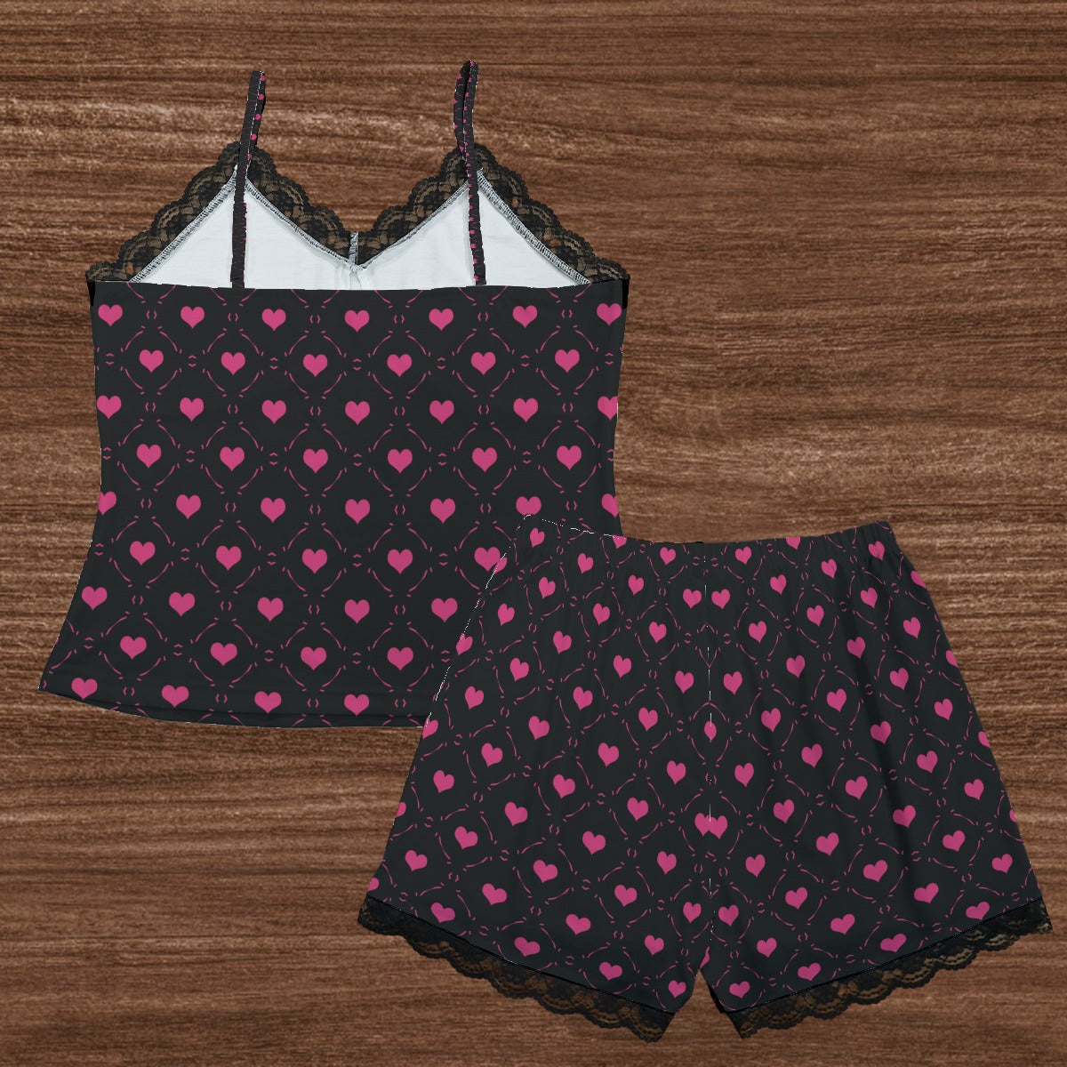 Little Pink Hearts Cami Home Suit With Lace Edge - Soft Sleepwear Set for Women, Romantic Lace Trim Pajamas, Cozy Lounge Outfit for Valentine's Day & Anniversary Gifts