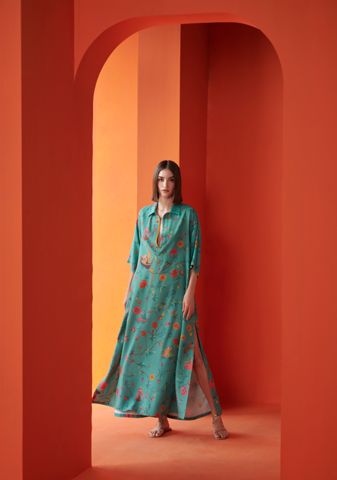 Kasturi Shirt Dress for Women - Muga Satin Aqua Blue Flowy Tunic - Perfect for Office Wear, Casual Outfits & Summer Dresses