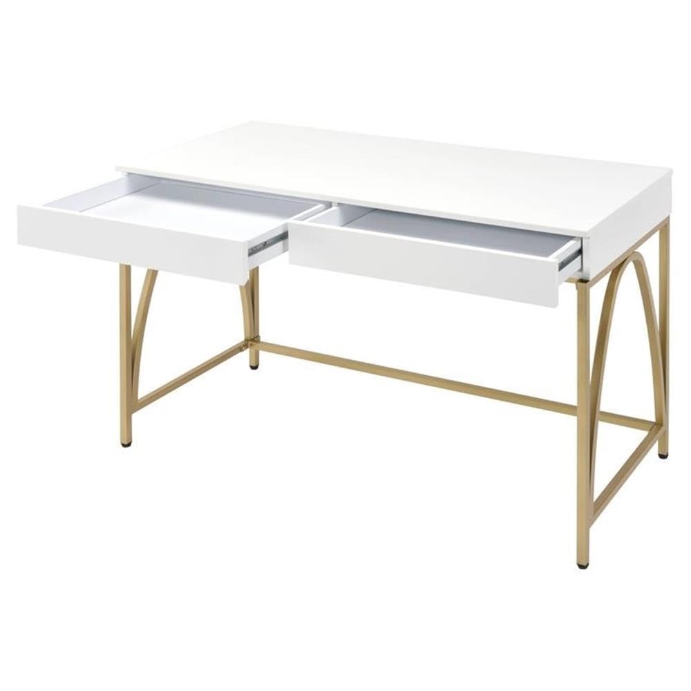 UrbanPro Contemporary White High Gloss & Gold Wood Writing Desk - Modern Home Office Furniture for Small Spaces, Study & Work from Home