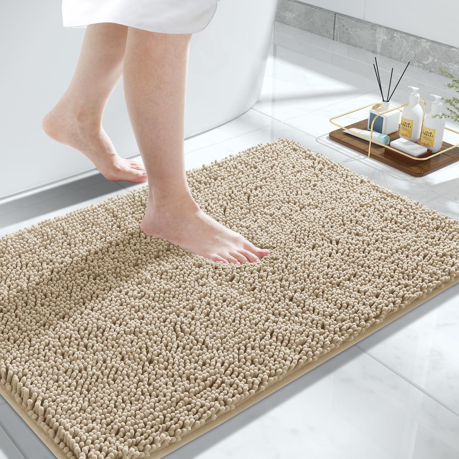 Yimobra Luxury Chenille Shaggy Bathroom Rug Mat - 32''x20'' Extra Soft & Thick Absorbent Water Non-Slip Machine Washable Bath Mat for Bathroom Floor, Tub and Shower - Pale Khaki - Perfect for Cozy Bathrooms, Spa-Like Showers and Modern Home Decor