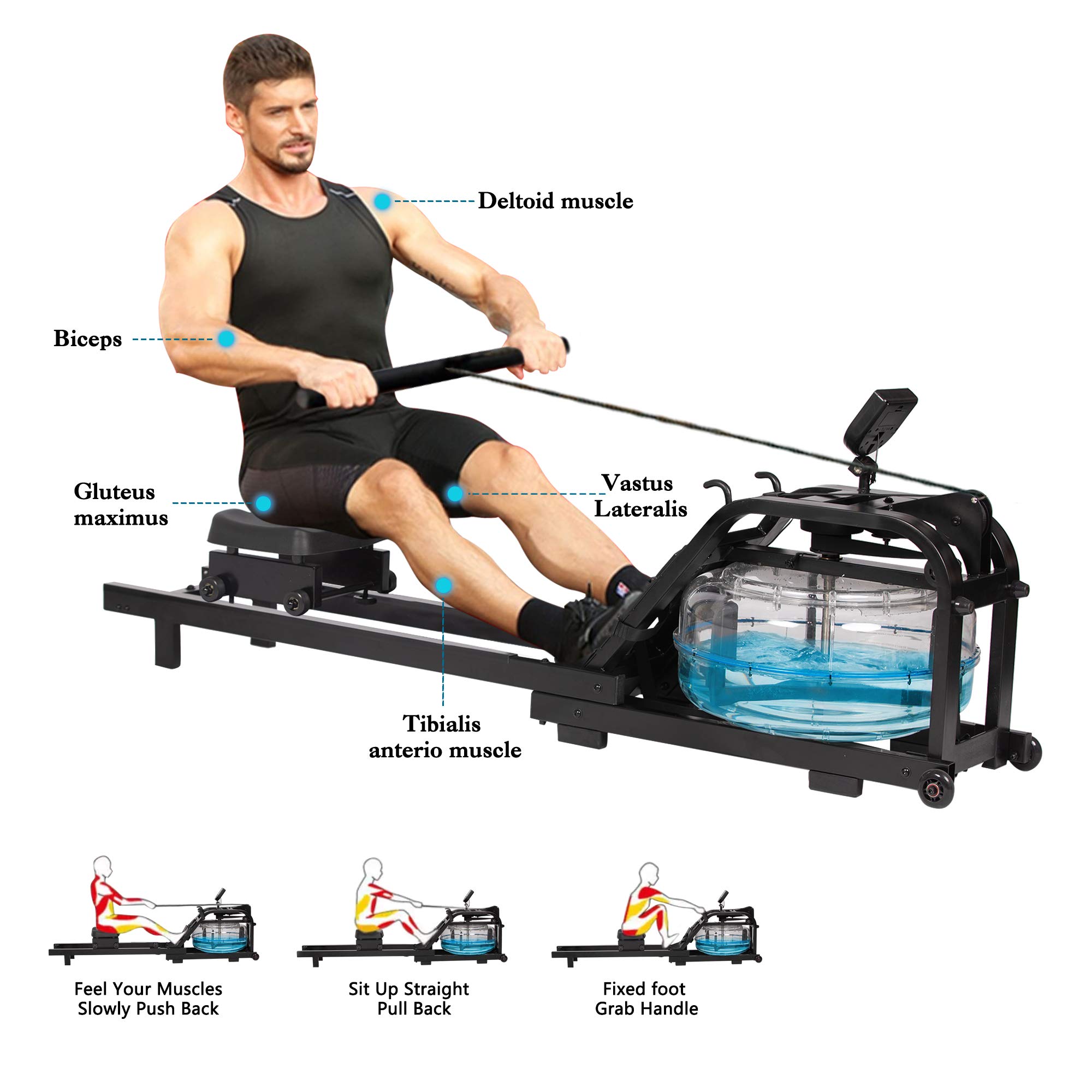 LUCKYERMORE Water Rowing Machine with LCD Monitor - 265 Lbs Weight Capacity, Adjustable & Space-Saving Indoor Rower for Home Gym, Double Track System, Mobile Wheels (Black) - Perfect for Full-Body Workout, Cardio Training & Small Spaces