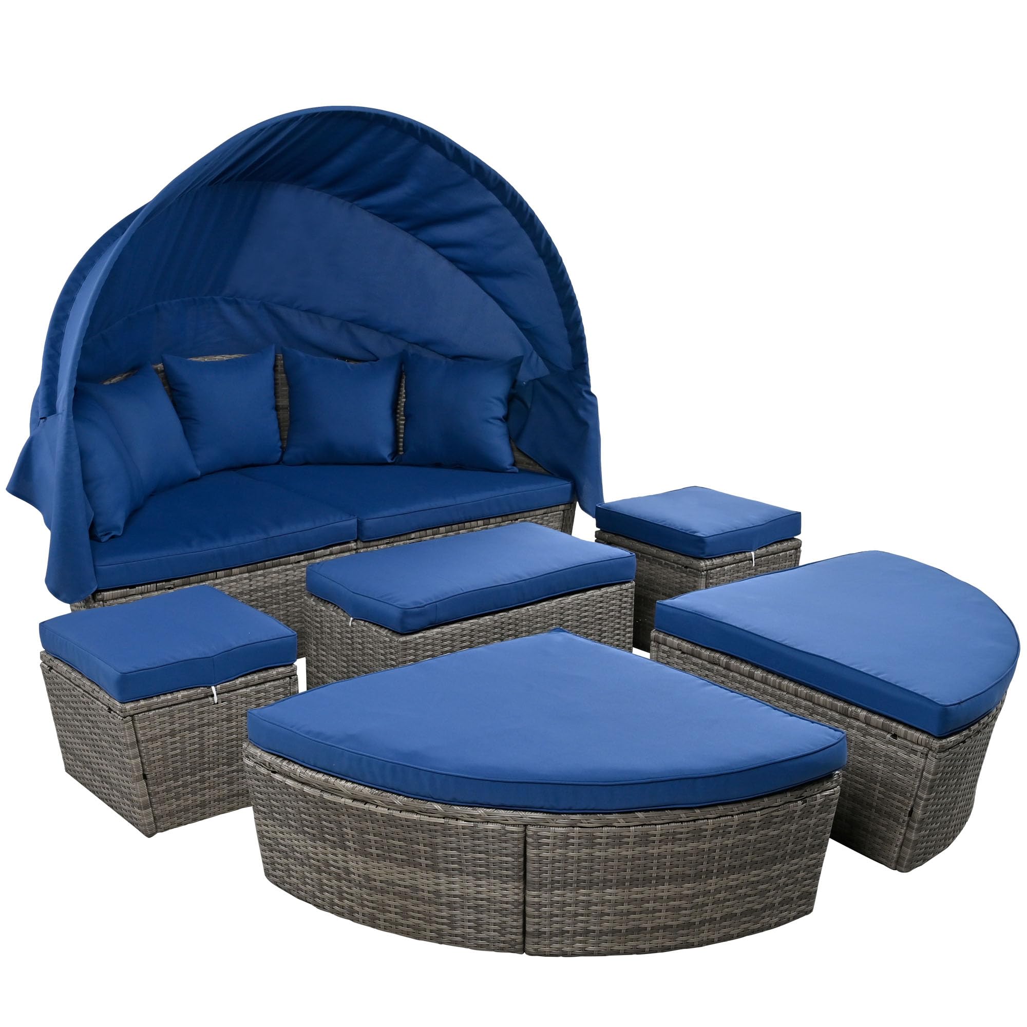 6-Piece All-Weather PE Rattan Patio Furniture Set with Retractable Canopy - Outdoor Round Daybed Sectional Sofa Conversation Set in Blue | Perfect for Backyard, Poolside & Garden Relaxation