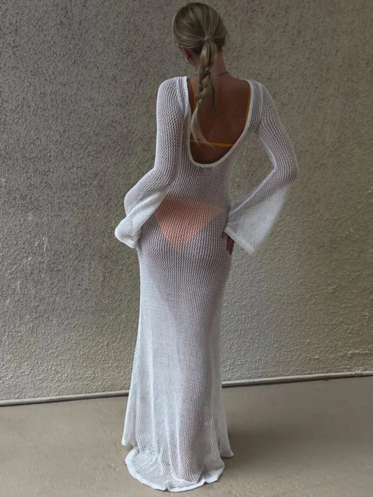 Sexy Backless Long Sleeve Hollow Out Beach Dress for Women - Slim Fit Transparent Summer Party Club Dress 2023 | Perfect for Beach Vacations, Night Out & Special Occasions