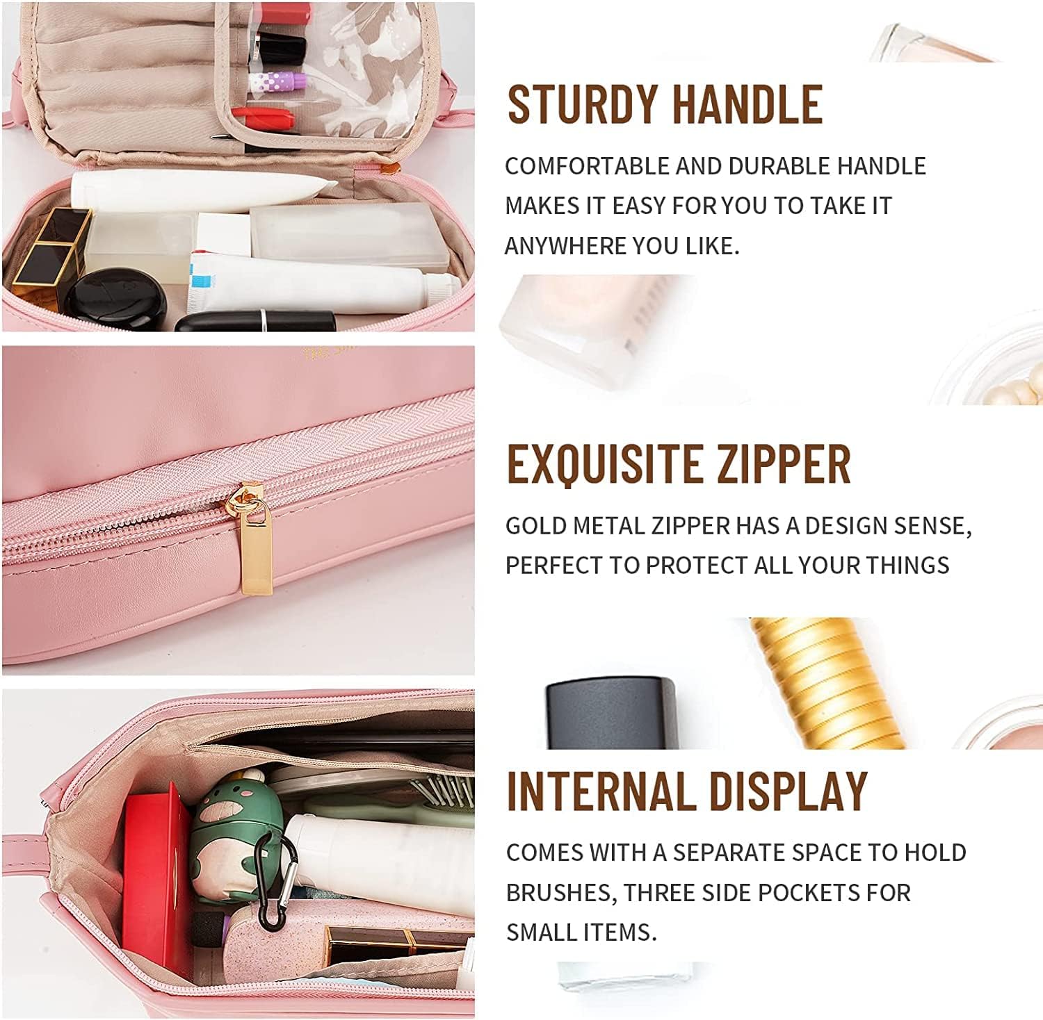 Gnanex Double Layer Makeup Bag - Large Waterproof Leather Travel Cosmetic Organizer with Zipper Pouch, Portable Toiletry Bag for Women & Girls (Pink) - Perfect for Travel, Gym, and Daily Essentials Storage