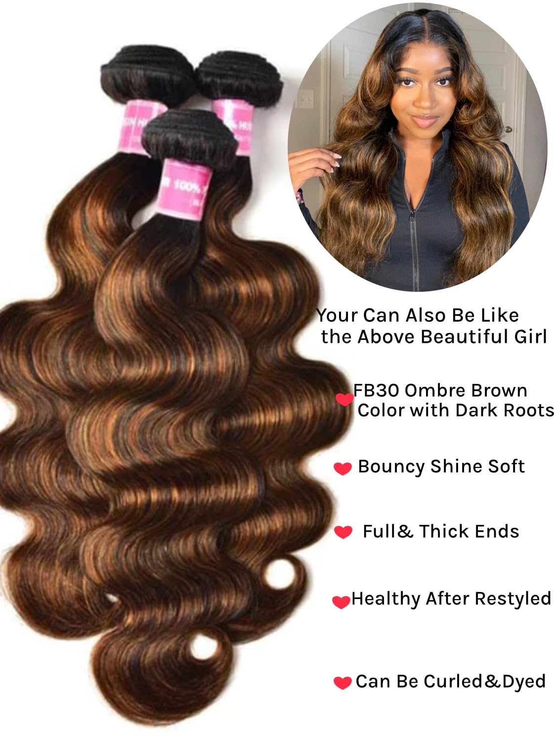 KLAIYI Ombre Brown Highlight Body Wave Human Hair Extensions - 3 Bundles (20