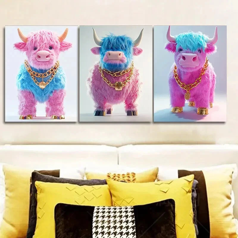 3-Piece Pink Highland Cattle Wall Art Set - Framed Canvas 40x60cm (16x24in) - High Quality Print - Australian Made - Ready to Hang - Perfect for Living Room, Bedroom & Office Decor