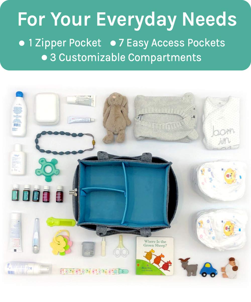 Premium Baby Diaper Caddy Organizer - Portable Nursery Storage Bin with Zipper Pocket | Heavy Duty 5mm Felt Craft & Car Seat Tote | Grey & Turquoise Baby Essentials Organizer for Nursery, Travel & On-the-Go Parents