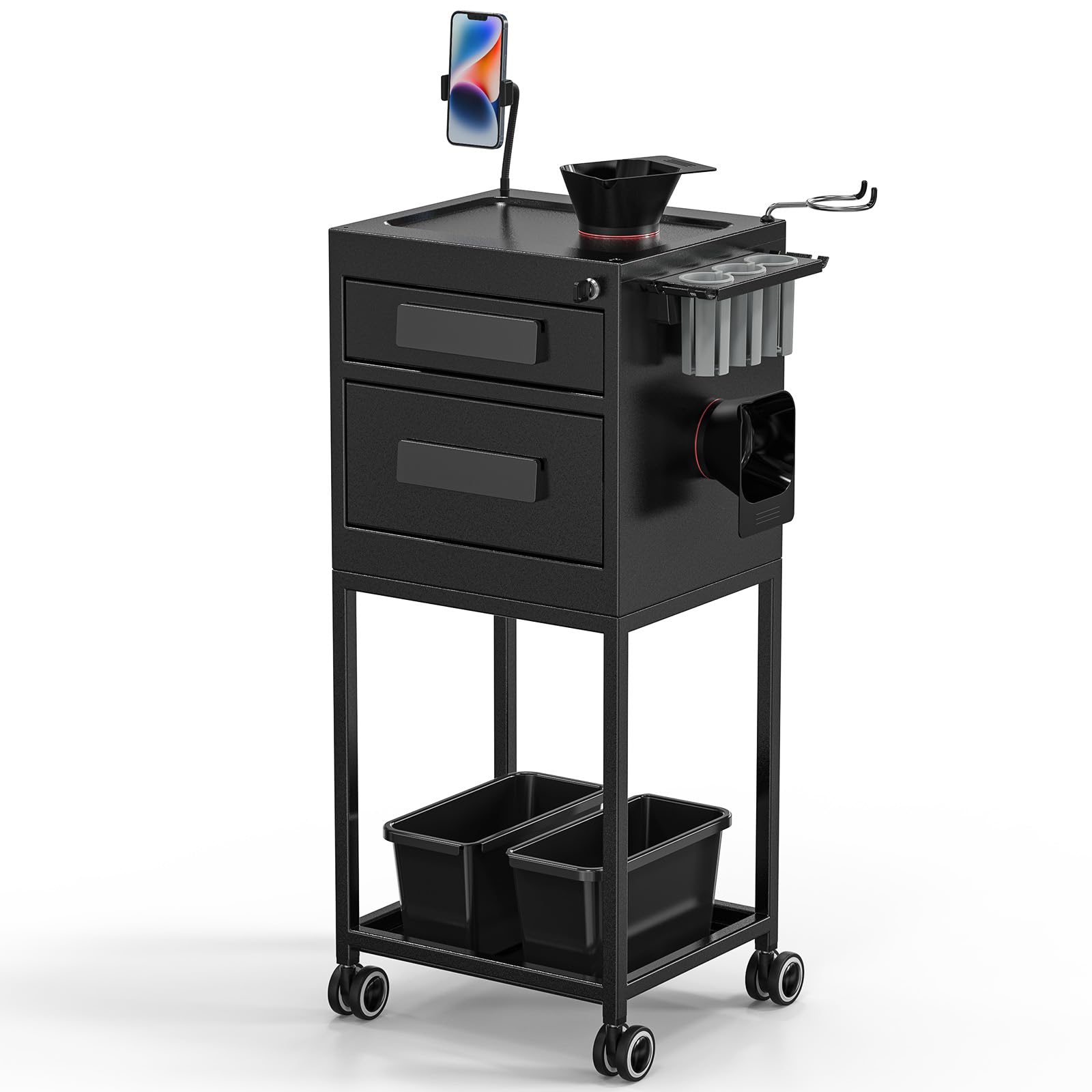 OmySalon Professional Metal Salon Trolley Cart with 2 Lockable Drawers & Magnetic Bowls - Mobile Hair Stylist Station for Barber Shops, Hairdressing & Tattoo Equipment - Perfect for Salon Organization, Styling Tools Storage & On-the-Go Hair Services