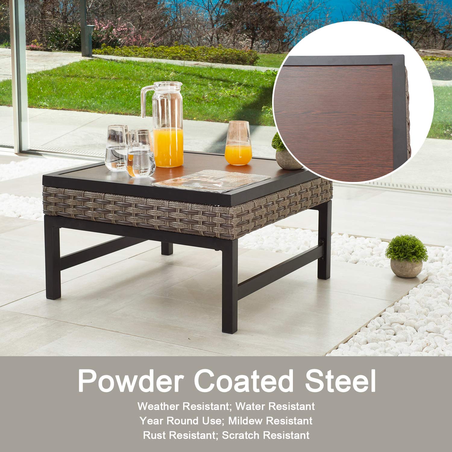 Brown PE Wicker Outdoor Side Table - Square Metal Frame Rattan Tea Table for Patio, Garden, Deck & Pool - Durable Weather-Resistant Furniture for Relaxing & Entertaining