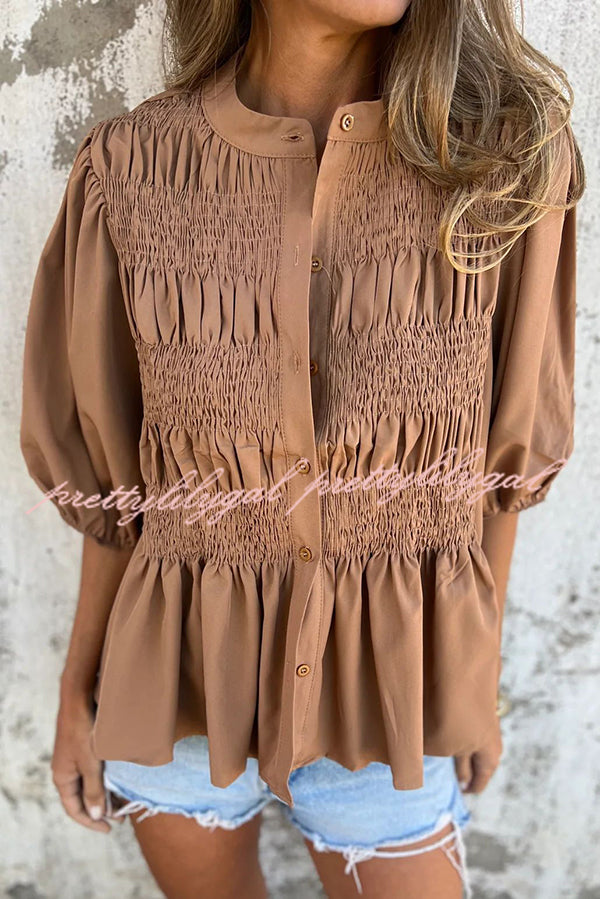Solid Color Round Neck Button Pleated Short Sleeve Casual Shirt for Women - Summer Office Wear & Weekend Outfits
