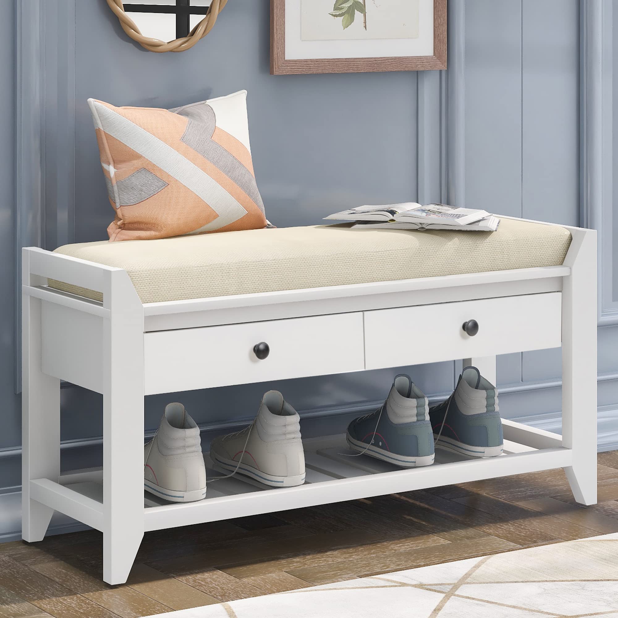 P PURLOVE Wooden Storage Bench with 2 Drawers - Shoe Rack Organizer with Grid Shelves & Removable Seat Cushion - Perfect for Entryway, Living Room, Bedroom & Closet Organization