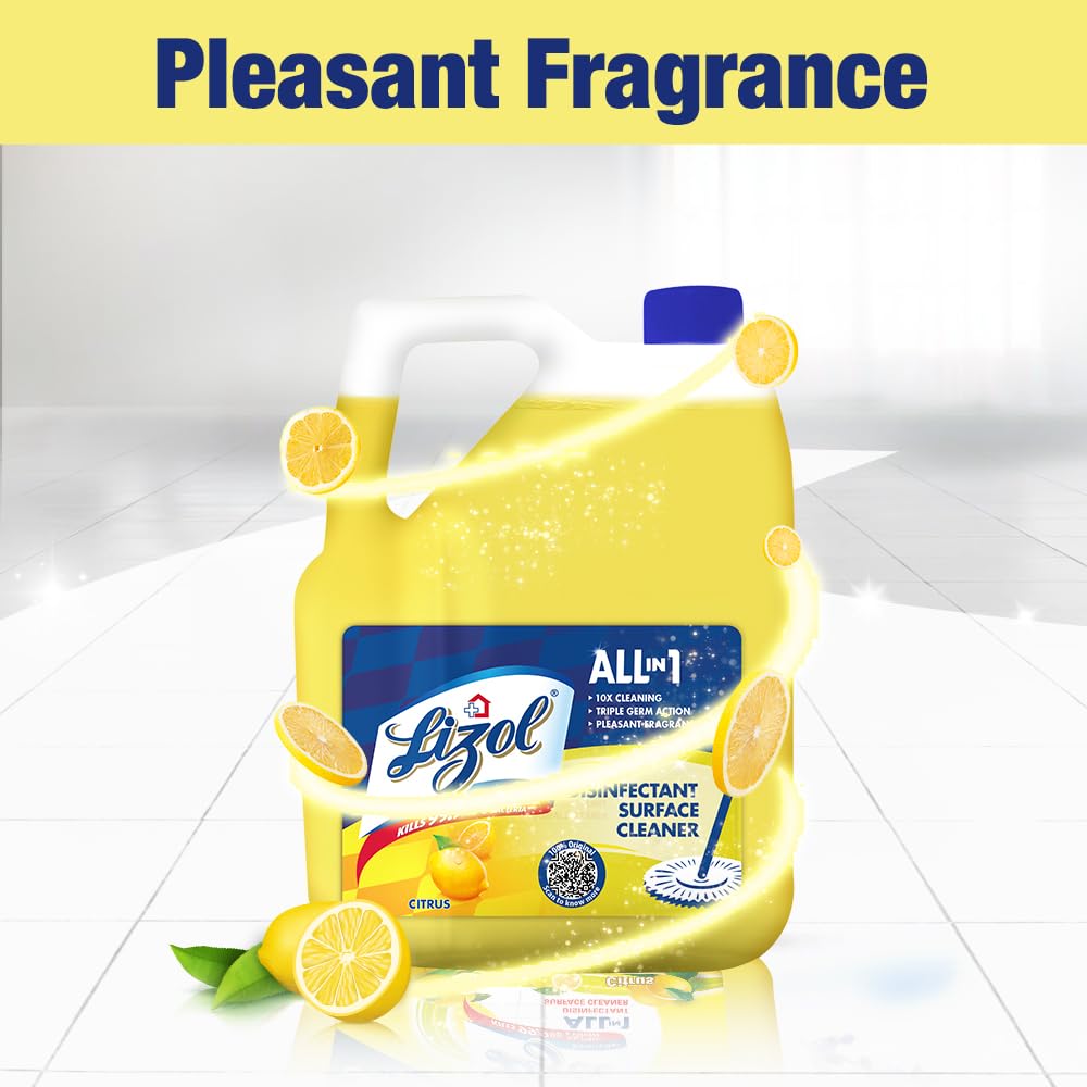 Lizol Disinfectant Surface Cleaner & Floor Cleaner Liquid, Citrus Scent - 5L Bottle + Kitchen Power Cleaner Spray - 450ml | Kills 99.9% Germs & Bacteria | Deep Cleans Stove, Chimney, Sink & Countertops | Ideal for Home, Kitchen & Bathroom Disinfection