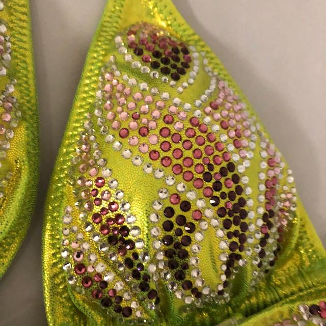 Figure Competition Suit - Physique Bikini with Rhinestone Design in Chartreuse Yellow & Green Flame | Perfect for Bodybuilding, Fitness & Bikini Contests