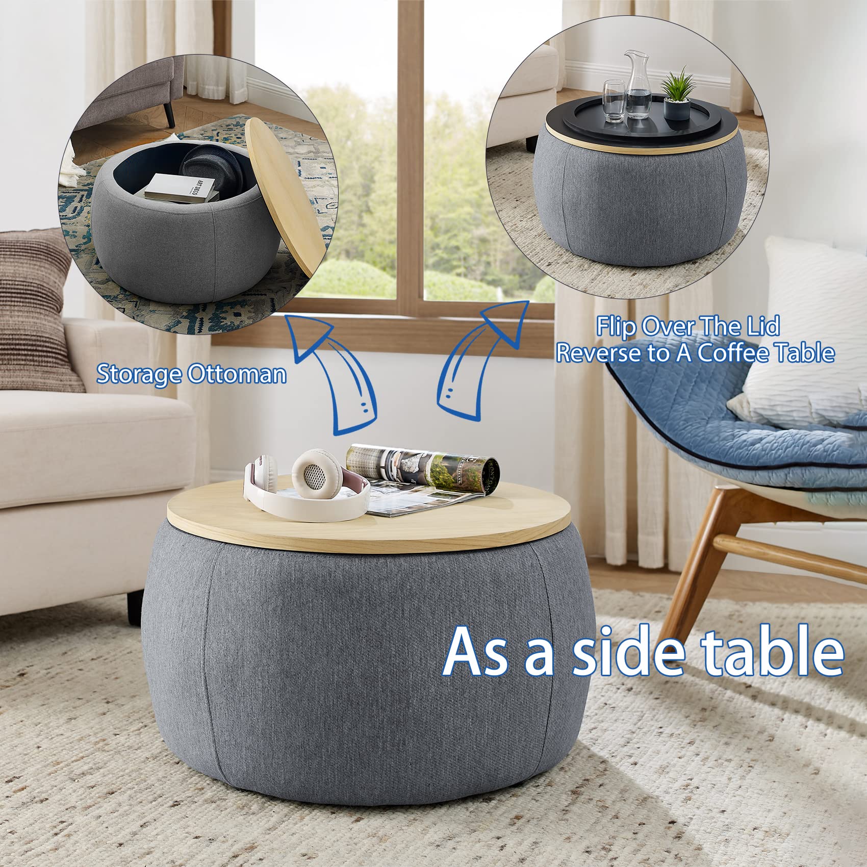 Round Storage Ottoman Coffee Table with Lift Top - Dark Grey Footstool, Side Table & End Table for Living Room, Bedroom & Dorm - Perfect for Extra Seating & Hidden Storage