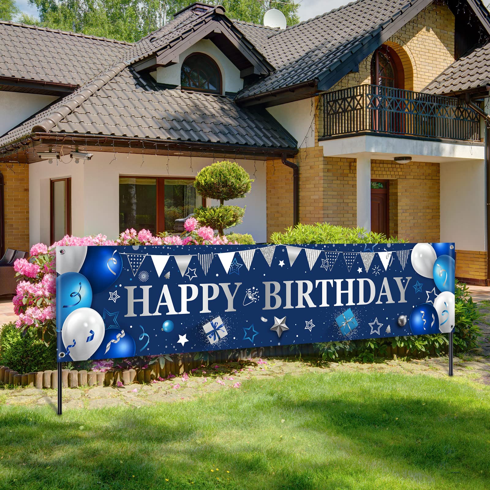 Happy Birthday Yard Banner - Large Outdoor & Indoor Party Decor for Men & Women - Blue & Silver Backdrop for Birthday Celebrations, Events & Photo Booths