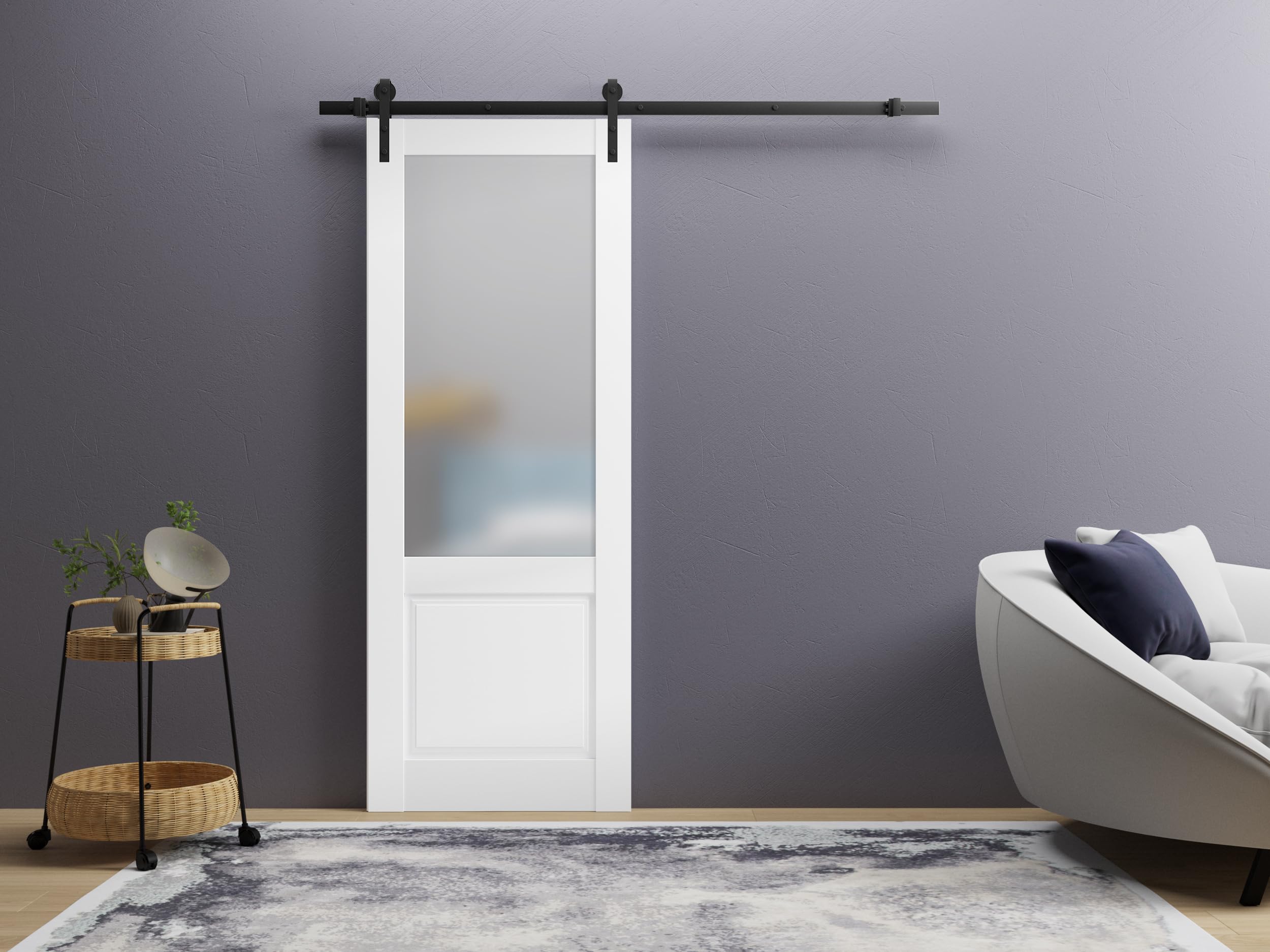 SARTODOORS 30x96 Inch Sliding Barn Door with Hardware Kit - Lucia 22 Matte White Frosted Opaque Glass - Top Mount 6.6FT Rail Hangers - Lightweight Solid Wood Panel Interior Door for Bedroom, Closet, or Living Room Partition