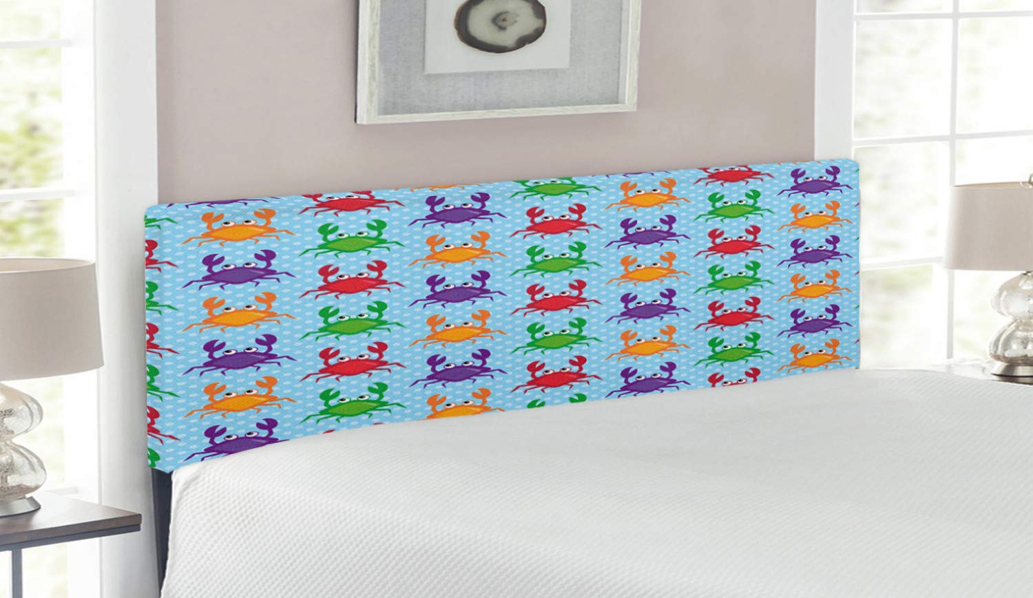 Ambesonne Crabs Upholstered Headboard - Queen Size Cartoon Art Blue Background with Bubbles Print, Decorative Metal Bed Frame with Memory Foam, Multicolor | Perfect for Beach-Themed Bedrooms, Kids' Rooms & Coastal Home Decor