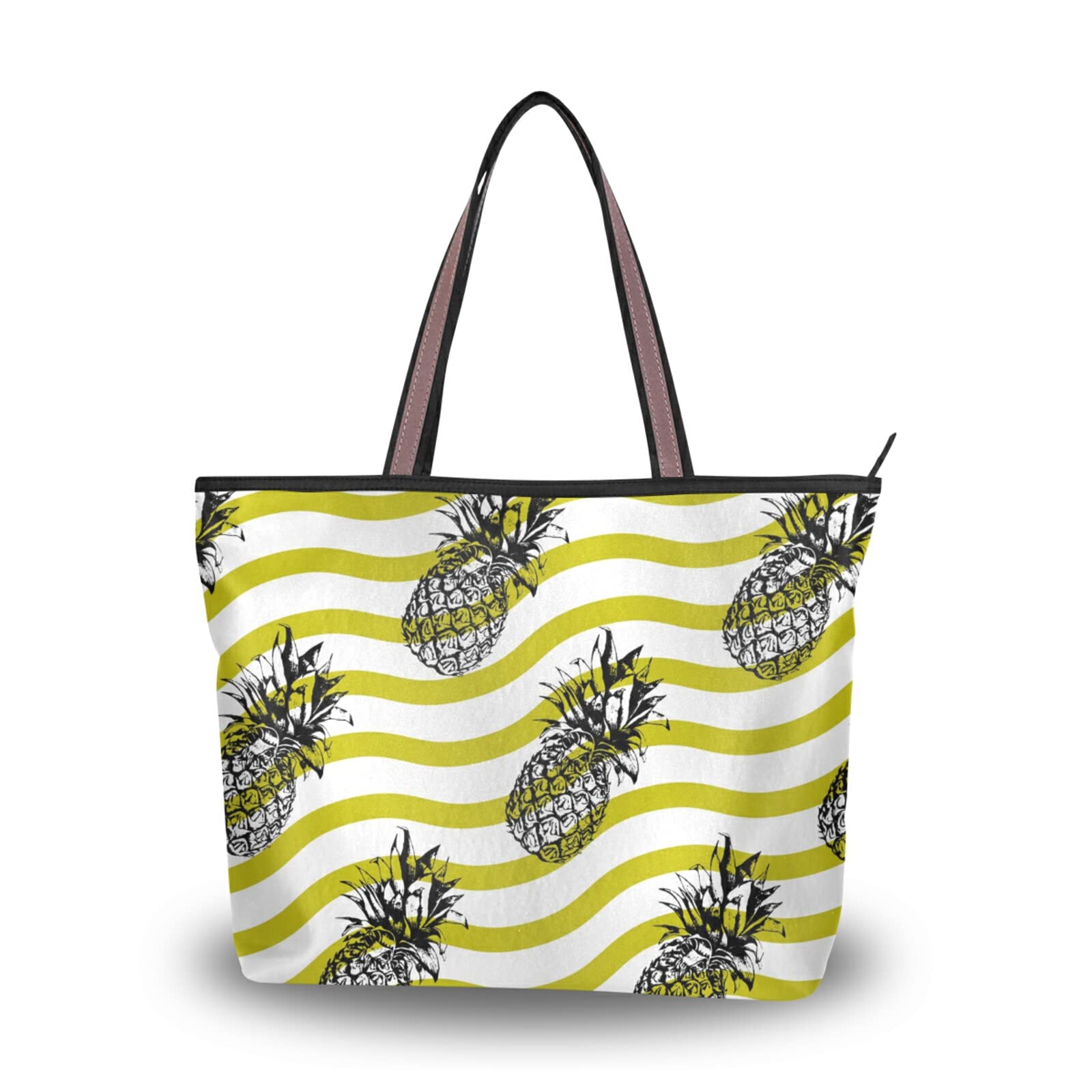 Pineapple Stripe Print Tote Bag for Women - Large Capacity Zipper Grocery Bag, Durable Shopping Purse for Daily Use (2 Sizes) - Perfect for Grocery Shopping, Beach Trips & Work Commute