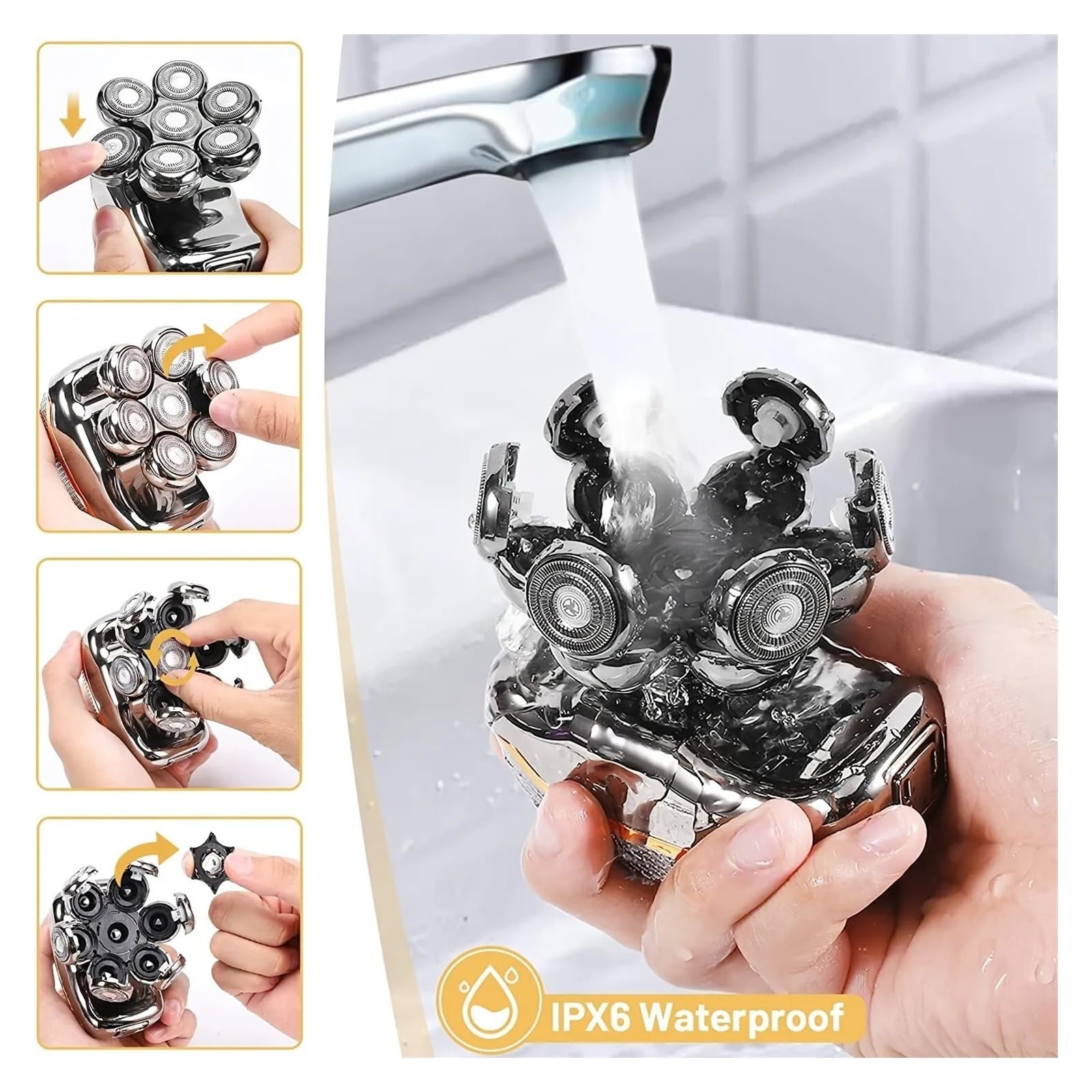 Rechargeable Electric Head Shaver for Men - 6-in-1 Waterproof Cordless Bald Head Shaver & Beard Trimmer Kit - Wet/Dry Use for Smooth Shaving at Home, Travel & Gym