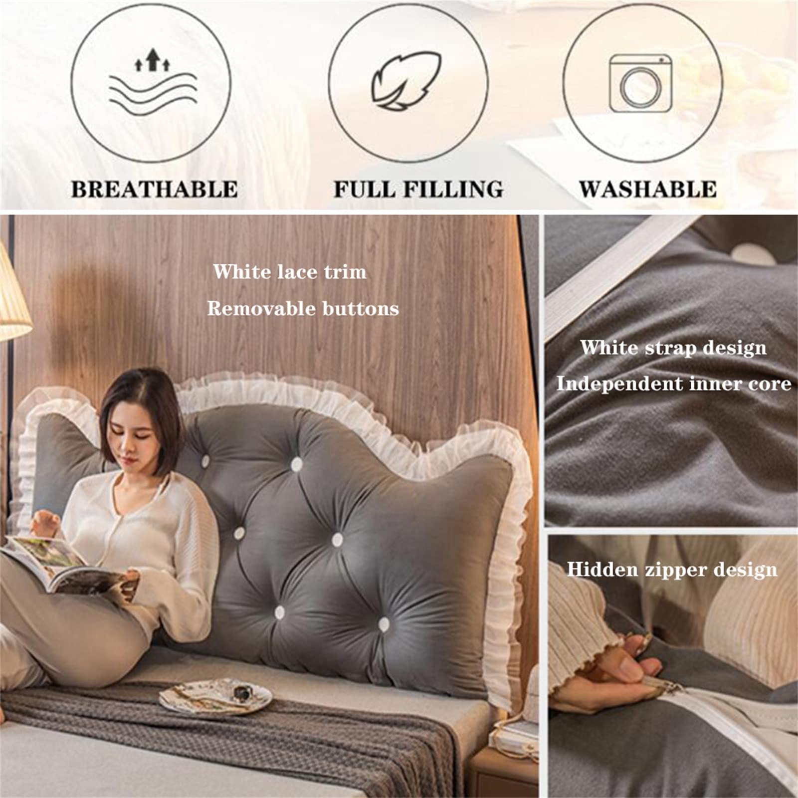 Headboard Pillow for Full, King, Queen & Twin Beds - Large Reading & Backrest Support Pillow with Bolster, Wedge Design - Perfect for Sofa, Bed & Lumbar Support - Grey, 47