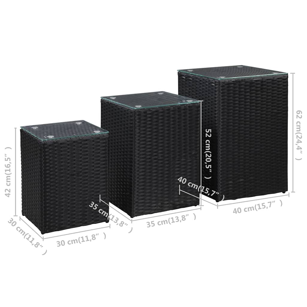vidaXL Set of 3 Black Square Side Tables with Glass Top - Poly Rattan & Metal Frame - Indoor Outdoor End Tables - Lightweight Easy-Clean Coffee Tables for Patio, Living Room, Bedroom & Garden Decor