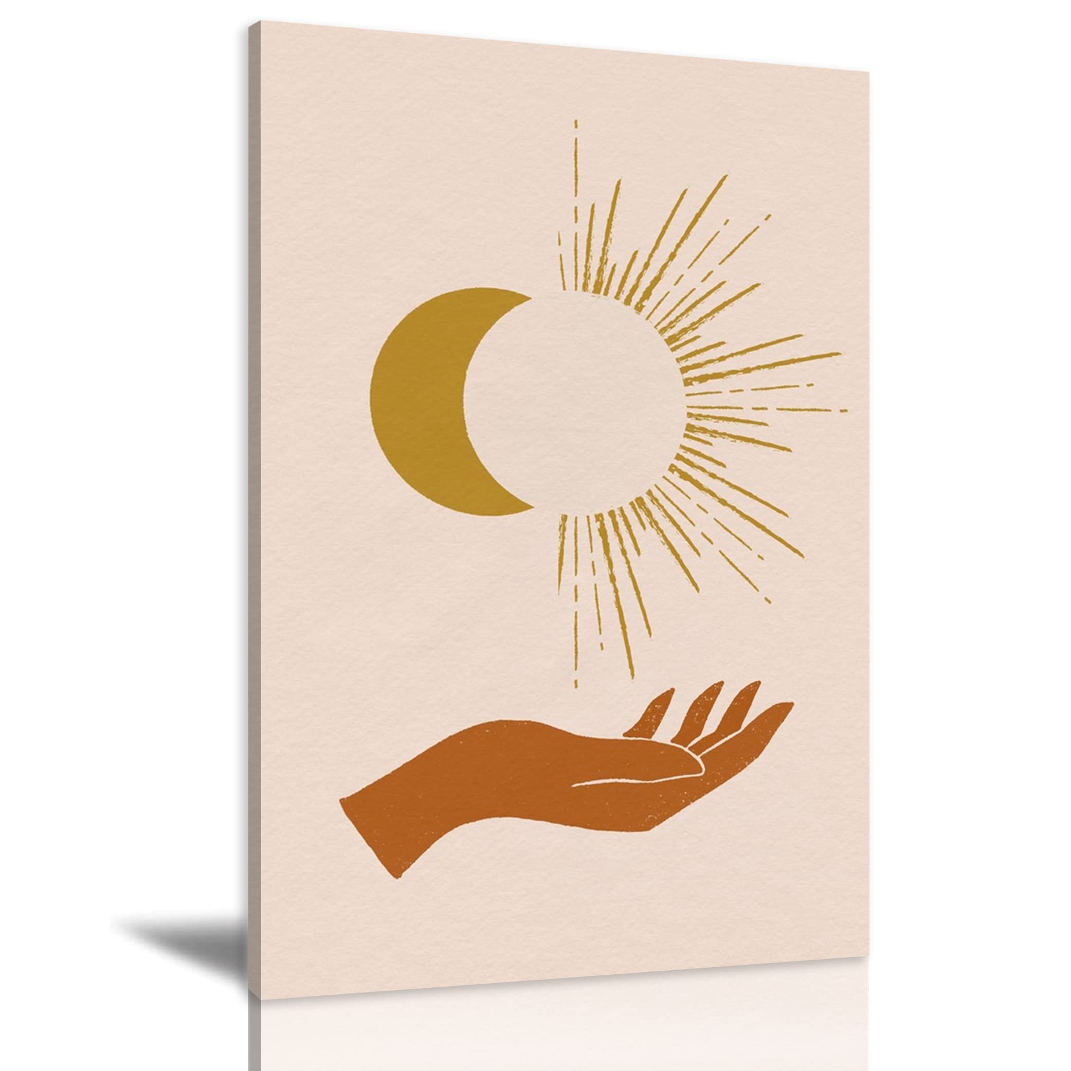 Minimalist Sun Moon and Hands Canvas Wall Art - Modern Oil Painting Print for Living Room, Bedroom, Office Decor - Framed Ready to Hang 20x30 Inches - Perfect for Home, Apartment, and Workspace Wall Decor