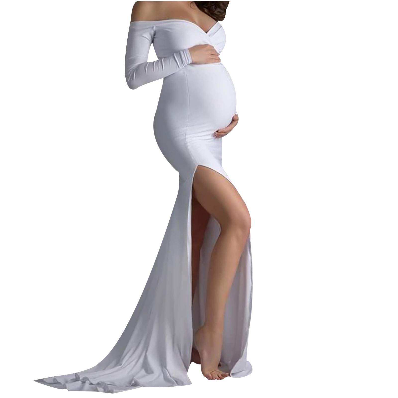 Shimmer V-Neck Maternity Photoshoot Dress - Floral Long Sleeve Off Shoulder Gown for Women | Perfect for Pregnancy Photos, Bridal Showers & Special Occasions