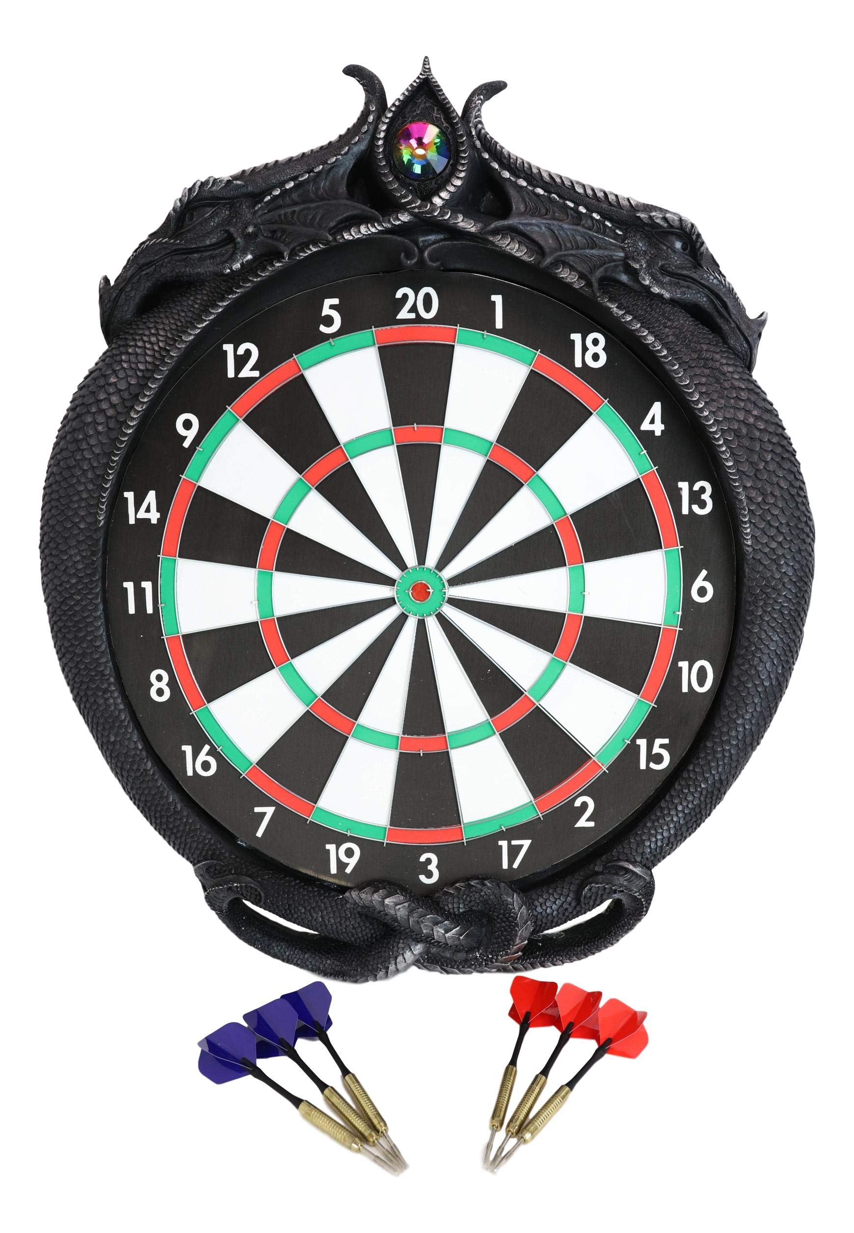Ebros Gift Fantasy Gothic Dual Dragon Scales Dart Board with Gemstones - Medieval Gaming Wall Decor for Dungeons & Dragons, Game Room & Home - Includes Red & Blue Darts for Indoor Entertainment & Themed Parties