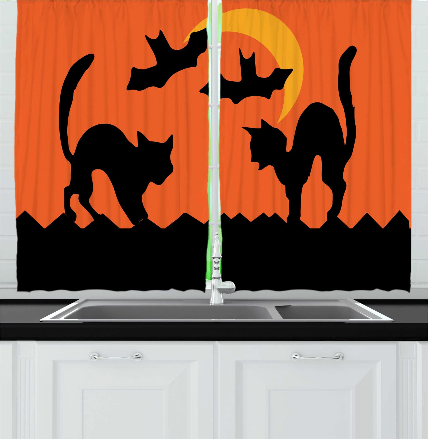 Ambesonne Halloween Kitchen Curtains - Crescent Cats & Bats Silhouette Design, 2 Panel Rod Pocket Drapes, 55x45 Inches, Earth Yellow Burnt Orange Charcoal Grey - Spooky Decor for Kitchen Windows, Dining Room & Halloween Party Decorations