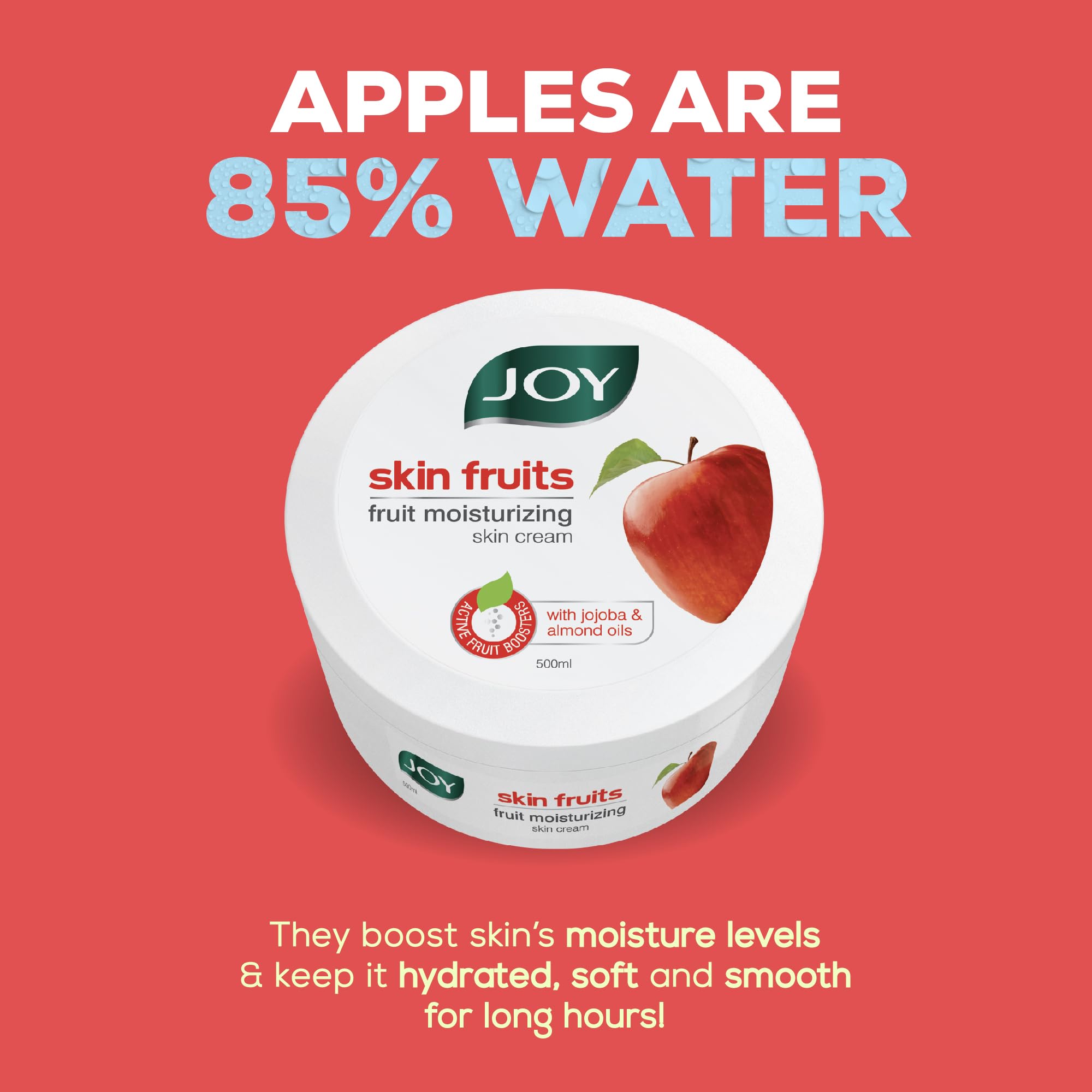 Joy Skin Fruits Moisturizing Cream with Apple, Jojoba & Almond Oil (500ml) - Quick Absorbing, Non-Sticky Cold Cream for Face, Hands & Body - Hydrates & Nourishes for Healthy, Soft & Glowing Skin - Perfect for Daily Skincare Routine, Dry Skin Relief & Nighttime Moisturizing