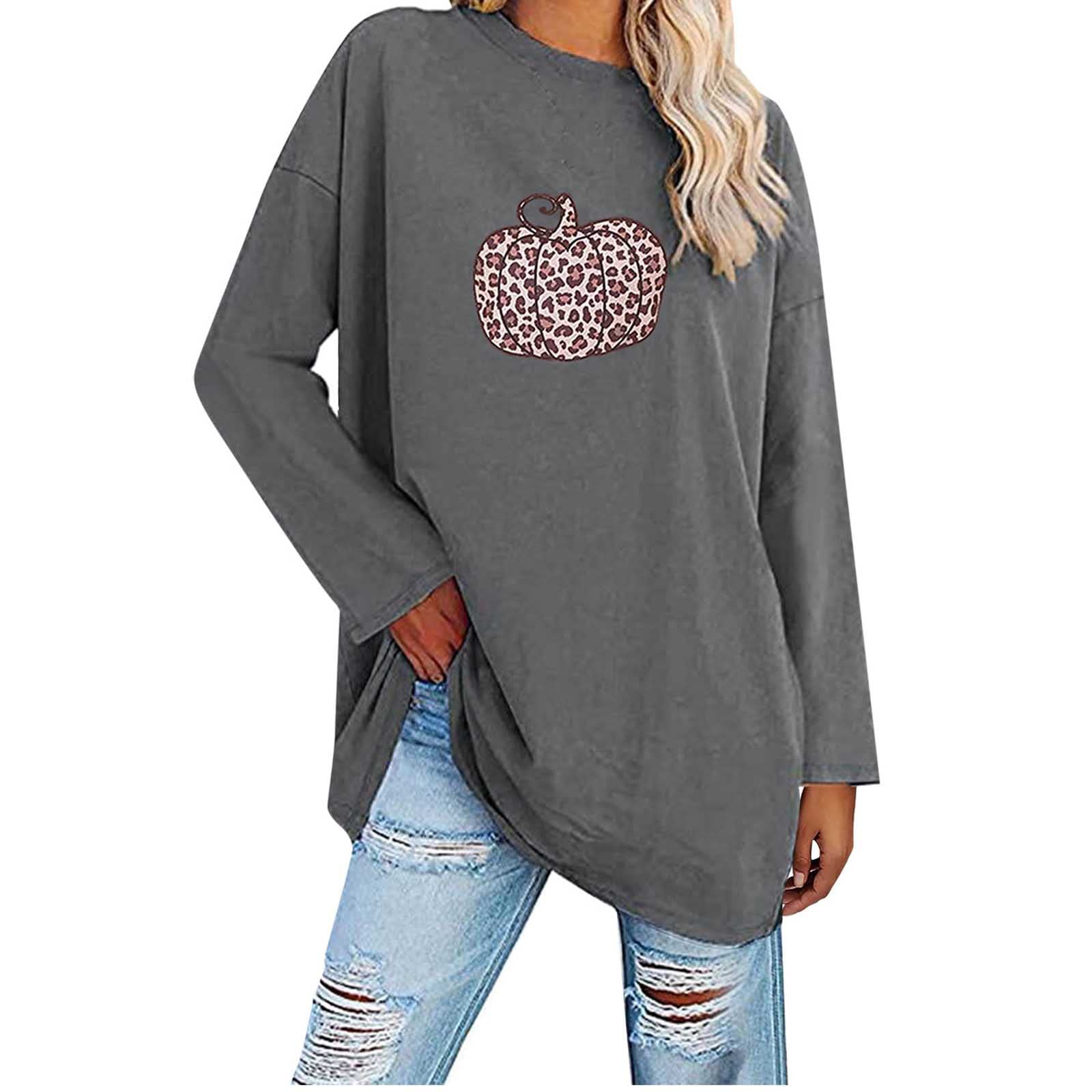 Women's Halloween Blouse - Leopard & Pumpkin Print Crewneck Top | Loose Flowy Long Sleeve Shirt for Costume Parties, Trick or Treating & Autumn Fashion
