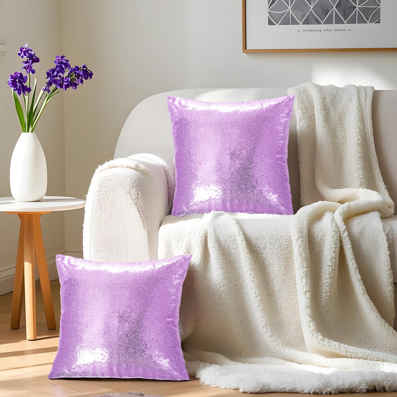 Lavender Sequin Decorative Pillow Covers Set of 2 - 18x18 Inch Sparkling Throw Pillow Covers for Sofa, Couch & Bed - Perfect for Living Room Decor, Home Accents and Gift Giving