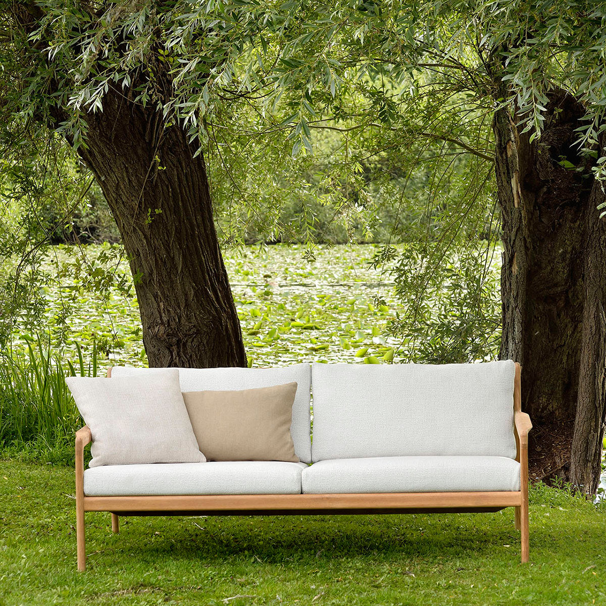 Outdoor Fabric 3-Seater Sofa with Teak Frame in Off White - Perfect for Patio, Garden, and Poolside Relaxation