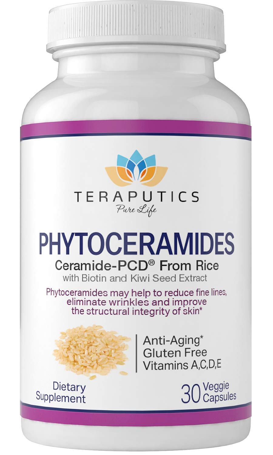 Phytoceramides Ceramide-PCD® Rice Extract with Biotin & Kiwi Seed - Non-GMO Gluten Free Hair Skin & Nails Supplement - Reduce Wrinkles, Strengthen Hair & Nails - 30 Vegan Capsules for Anti-Aging & Beauty Care