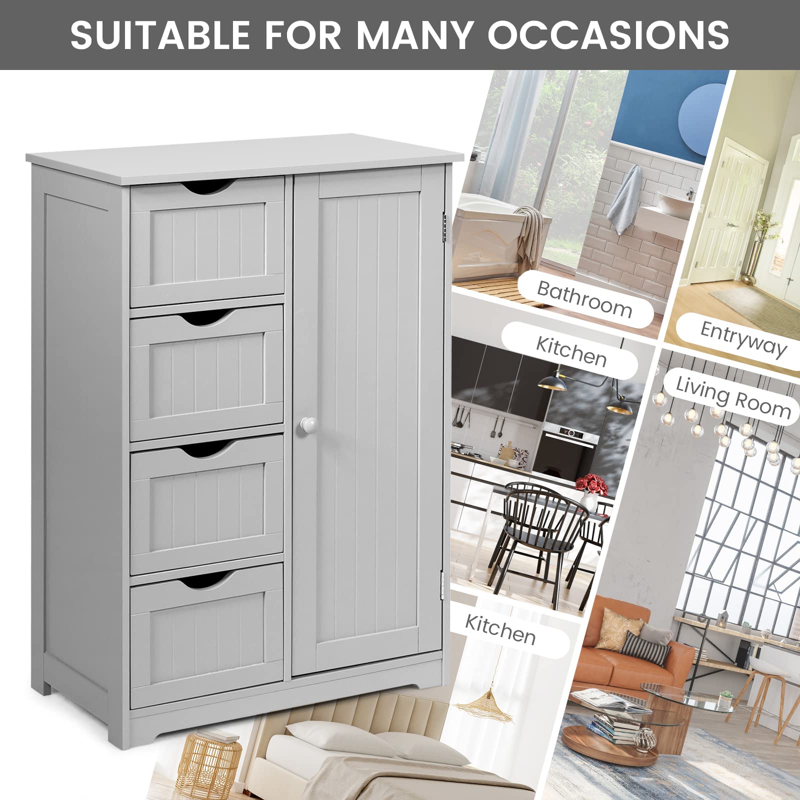 COSTWAY Wooden Bathroom Storage Cabinet - Freestanding 4-Drawer Organizer with Adjustable Shelf, Modern Floor Cabinet for Bathroom, Living Room, Kitchen & Entryway (Grey) | Perfect for Small Space Organization & Home Decor