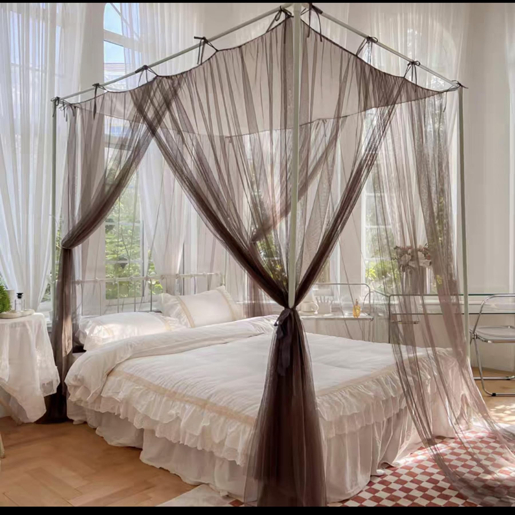 Full Size Metal Canopy Bed Frame with Curtain - Queen Canopy Bed Posts for Wood/Metal Beds, Bedroom Decor in Latté Finish | Perfect for Master Bedrooms, Guest Rooms & Boho Chic Decor