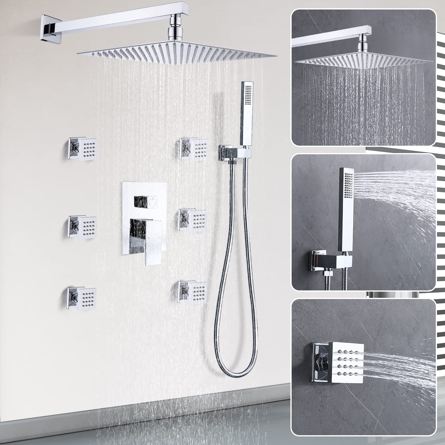 Enga 12 Inch Rain Shower System with Body Jets - Powerful Rainfall Shower Head & Handheld Spray - Chrome Rough-in Mixer Valve Faucet Set for Spa-Like Bathroom Experience | Perfect for Master Bathrooms & Luxury Showers