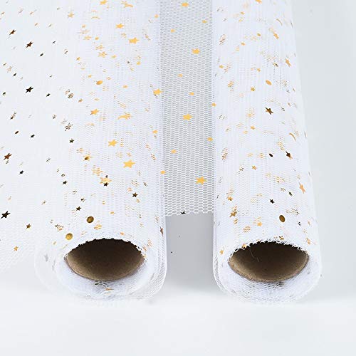 5 Yards Gold Star Moon Sequins Lace Gauze Mesh - DIY Craft Scrapbook Wedding Bouquet Wrapping Paper, Party Decorations for Wedding, Birthday, Baby Shower & Home Decoration