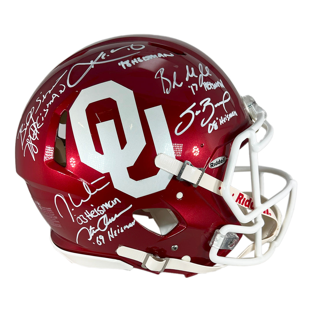 Authentic Oklahoma Sooners Full Size Football Helmet with 6 Heisman Winners Signatures - JSA Certified Collectible for Sports Memorabilia Displays & Fan Cave Decor