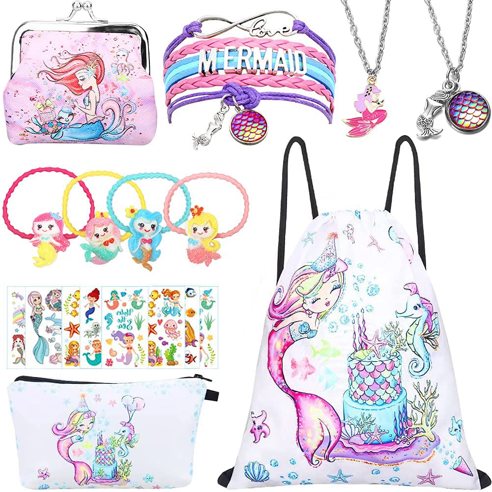 RHCPFOVR Mermaid Gifts Set for Girls - Drawstring Backpack, Makeup Pouch, Jewelry Set (Bracelet & Necklace) | Perfect for Birthday Party Favors, Pool Parties & Mermaid-Themed Events